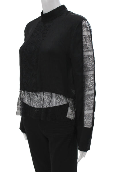 Jenni Kayne Womens Cropped Silk Mock Neck Blouse Black Long Sleeve Size S
