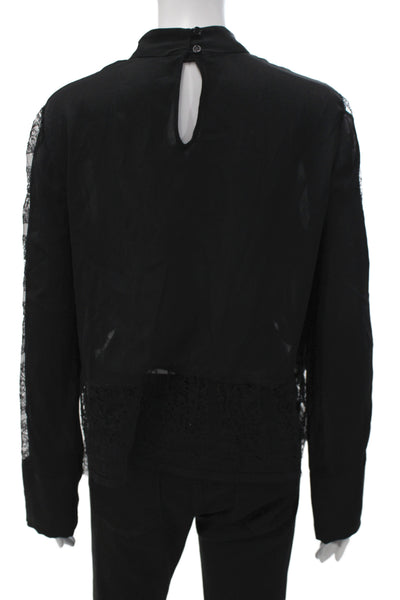 Jenni Kayne Womens Cropped Silk Mock Neck Blouse Black Long Sleeve Size S