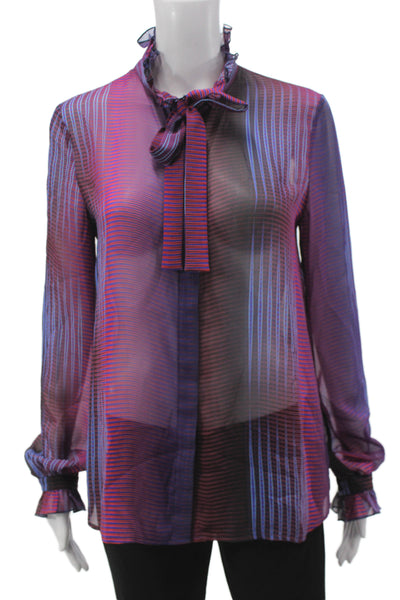 Saloni Women Silk Designer Striped High Neck Long Sleeve Button Blouse Size 2
