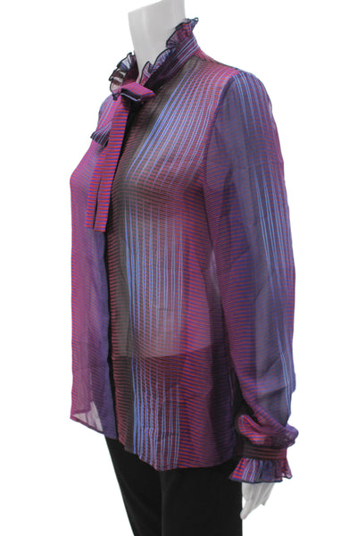 Saloni Women Silk Designer Striped High Neck Long Sleeve Button Blouse Size 2