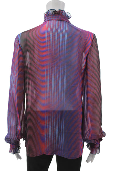 Saloni Women Silk Designer Striped High Neck Long Sleeve Button Blouse Size 2