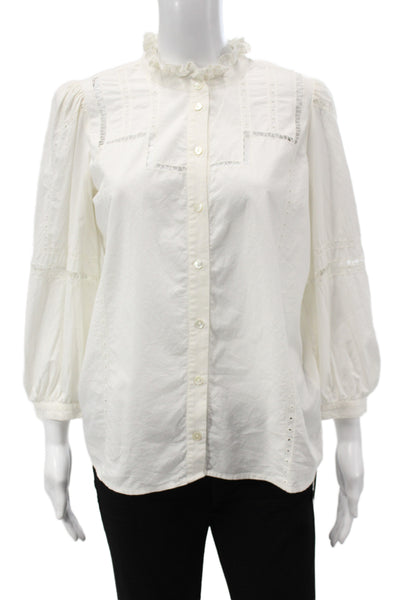 Ba&Sh Women High Neck Button Up Blouse White 100% Cotton 3/4 Sleeve Size 4