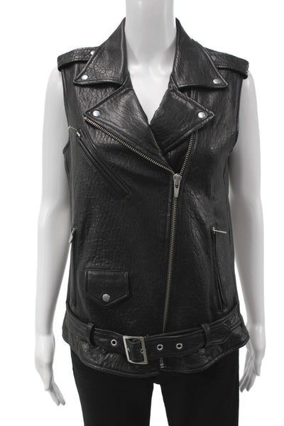 Veda Womens Biker Lamb Leather Buckle Collar Vest Black Size S