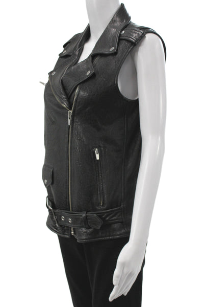 Veda Womens Biker Lamb Leather Buckle Collar Vest Black Size S