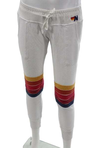 Aviator Nation Women White Striped Drawstring Jogger Sweatpants Size XS