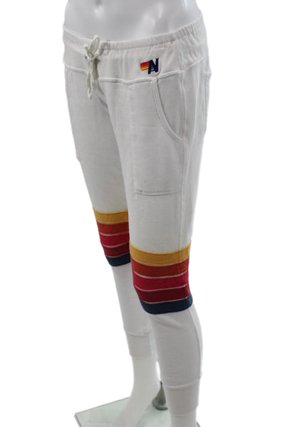 Aviator Nation Women White Striped Drawstring Jogger Sweatpants Size XS