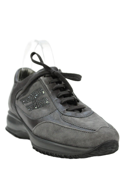 Hogan Womens Crystal Detail Suede Leather Sneakers Shoes Gray Size 9