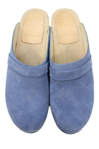 Maguba Womens Suede Wooden Heels Clog Mules Shoes Blue Size 9