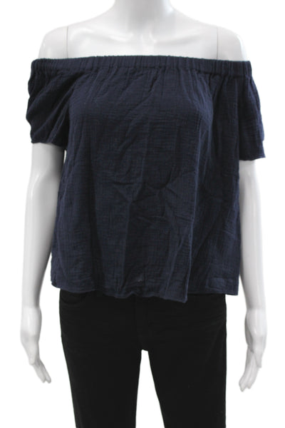 Rebecca Taylor Women Dark Blue Cotton Bohemian Short Sleeve Blouse Size L