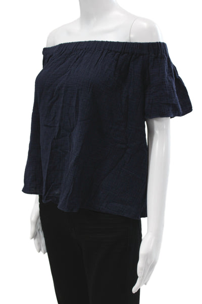 Rebecca Taylor Women Dark Blue Cotton Bohemian Short Sleeve Blouse Size L