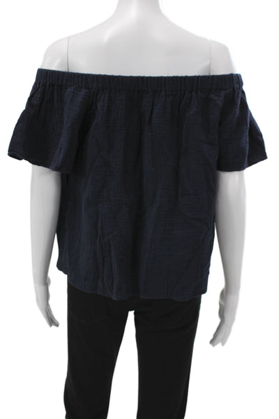 Rebecca Taylor Women Dark Blue Cotton Bohemian Short Sleeve Blouse Size L