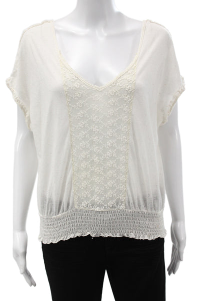 Free People Womens Bohemian Floral V Neck Short Sleeve Blouse White Size M
