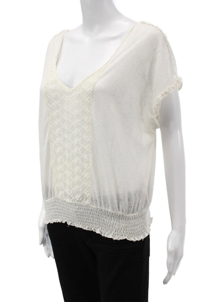 Free People Womens Bohemian Floral V Neck Short Sleeve Blouse White Size M