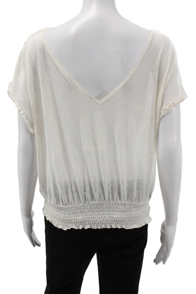 Free People Womens Bohemian Floral V Neck Short Sleeve Blouse White Size M
