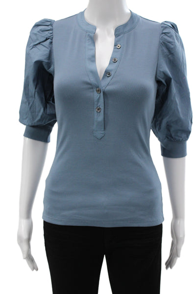 Veronica Beard Women Blue Pima Cotton Button Up Blouse 3/4 Sleeve Size XS