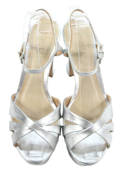 Schutz Womens Leather Platform Slingbacks Sandal Heels Silver Size 8 B
