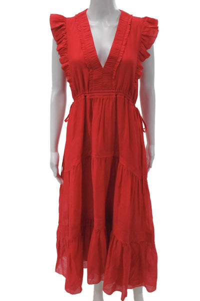 La Ligne Womens Red V-Neck Maxi Sundress Cotton Silk Drawstring Size XS