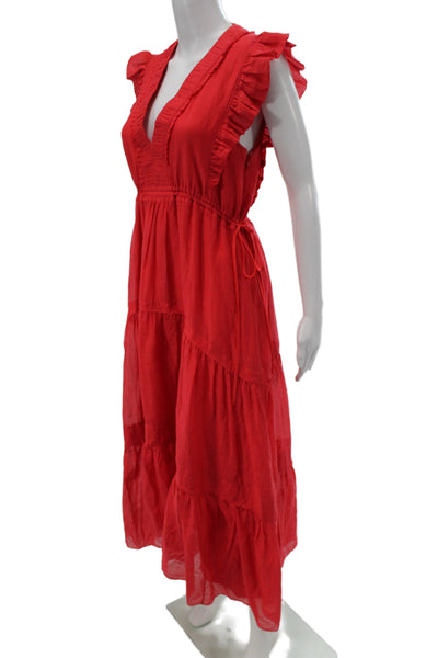 La Ligne Womens Red V-Neck Maxi Sundress Cotton Silk Drawstring Size XS