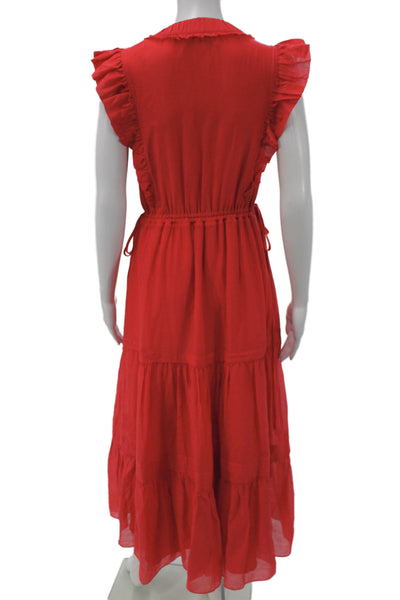 La Ligne Womens Red V-Neck Maxi Sundress Cotton Silk Drawstring Size XS