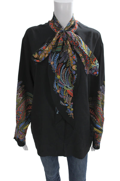 Etro Women Silk Paisley Long Sleeve Tie Blouse Black Designer Size 44