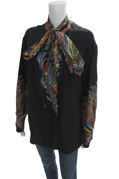 Etro Women Silk Paisley Long Sleeve Tie Blouse Black Designer Size 44