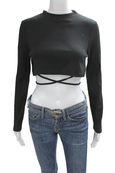 Superdown Women Cropped Mock Neck Long Sleeve Black Top Size M