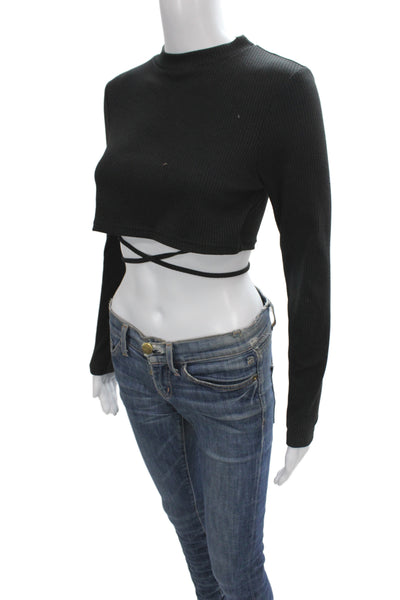 Superdown Women Cropped Mock Neck Long Sleeve Black Top Size M