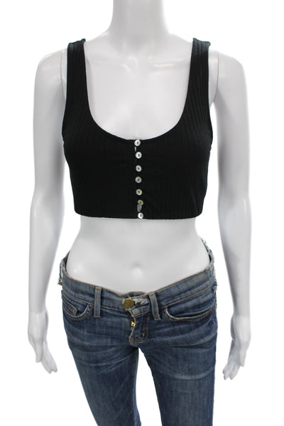 Zara Women Cropped Button Up Tank Top Black Sleeveless Round Neck Size S