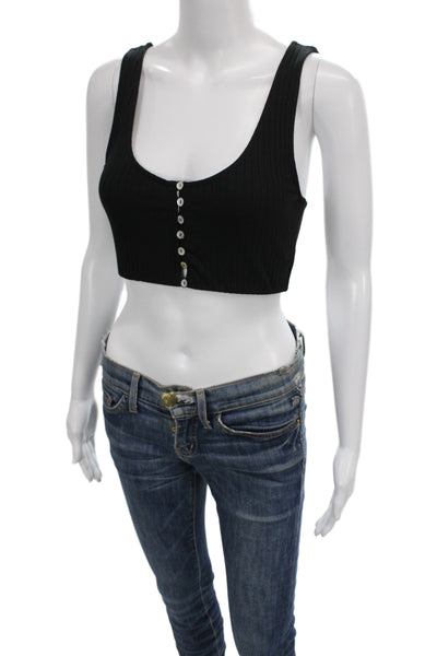 Zara Women Cropped Button Up Tank Top Black Sleeveless Round Neck Size S