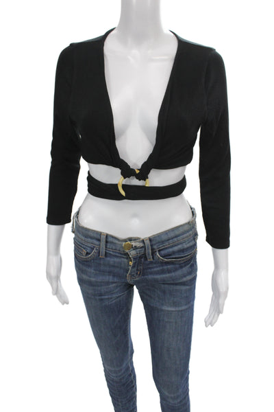 Song Of Style Women Cropped Black 3/4 Sleeve Buckle Top Size M