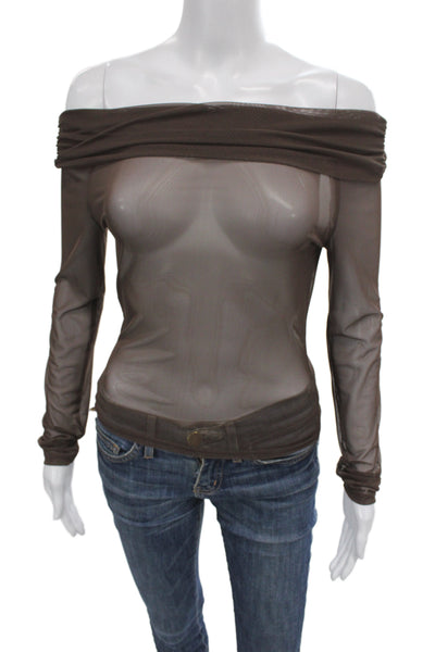 Designer Women Brown Mesh Long Sleeve 90s Top Solid Spring Size S