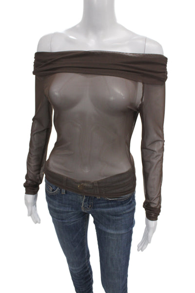 Designer Women Brown Mesh Long Sleeve 90s Top Solid Spring Size S