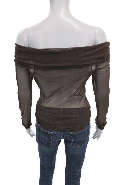 Designer Women Brown Mesh Long Sleeve 90s Top Solid Spring Size S