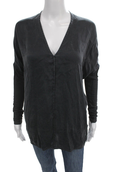 Vince Women Basic V-Neck Long Sleeve Black Blouse Size XS Petite