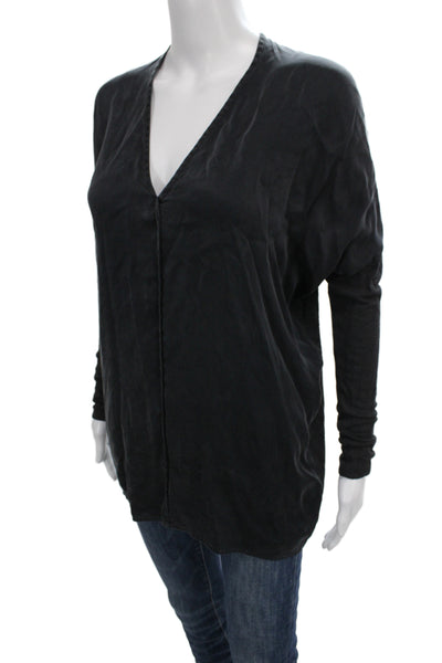 Vince Women Basic V-Neck Long Sleeve Black Blouse Size XS Petite