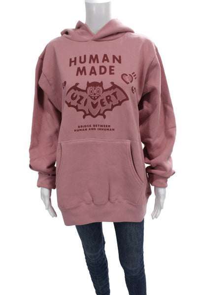 Human Made Unisex Pullover Hoodies Pink Cotton Polyester Long Sleeve Size L