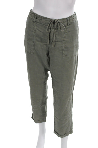 Joie Women Ankle Cropped Pants Linen Drawstring Army Green Size 4