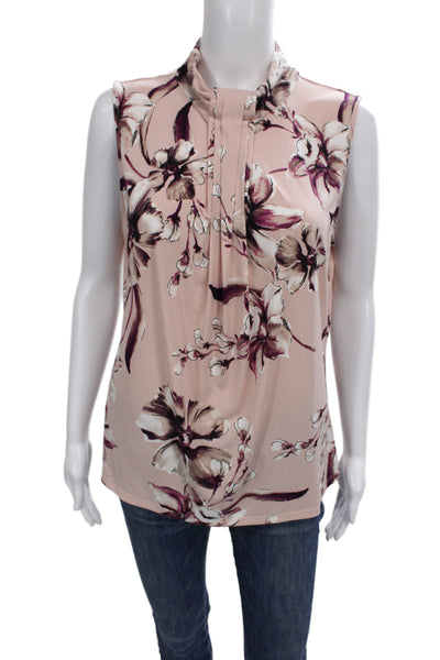 Karl Lagerfeld Women Pink Silk Floral Mock Neck Sleeveless Blouse Button Size M