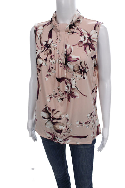 Karl Lagerfeld Women Pink Silk Floral Mock Neck Sleeveless Blouse Button Size M