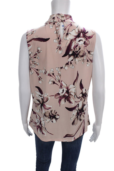 Karl Lagerfeld Women Pink Silk Floral Mock Neck Sleeveless Blouse Button Size M