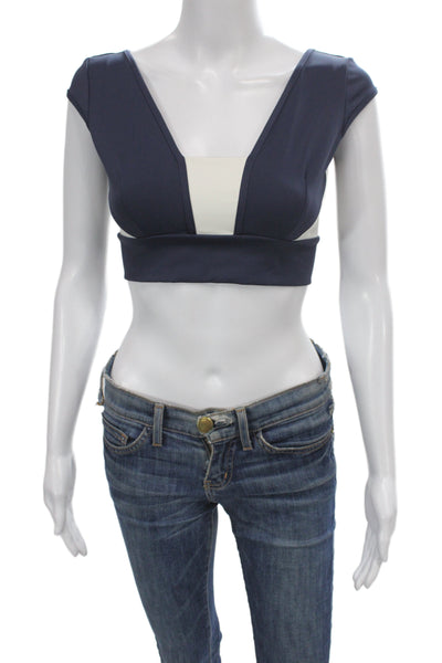 Port De O Bras Womens Stretch Knit Square Neck Sports Bra Navy White Medium