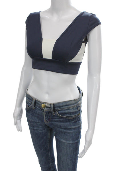 Port De O Bras Womens Stretch Knit Square Neck Sports Bra Navy White Medium