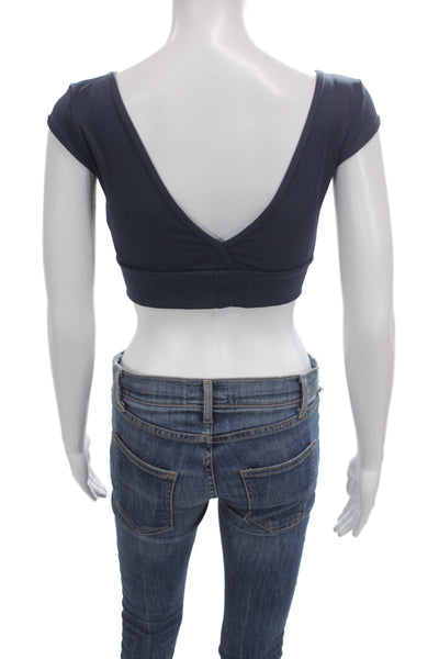 Port De O Bras Womens Stretch Knit Square Neck Sports Bra Navy White Medium