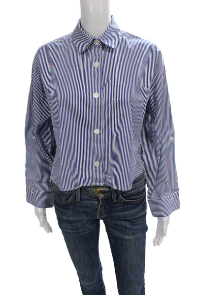 Madewell Women Cropped Striped Button-Up Long Sleeve Blue Size 2XS