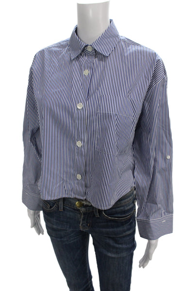 Madewell Women Cropped Striped Button-Up Long Sleeve Blue Size 2XS