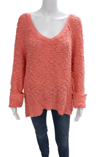 Free People Womens Pullover V-Neck Bohemian Pink Sweater Long Sleeve Size M