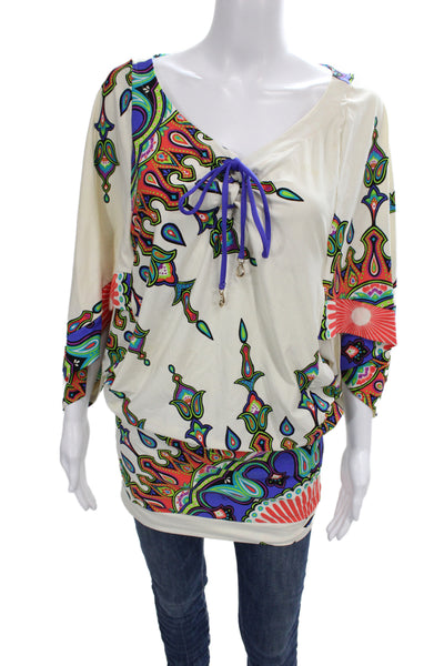 Trina Turk Women White Paisley Bohemian Tunic Blouse 3/4 Sleeve Size S