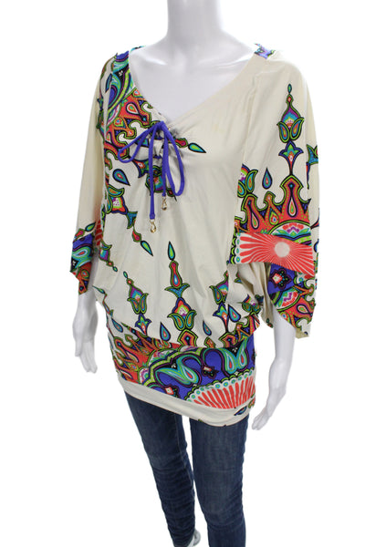 Trina Turk Women White Paisley Bohemian Tunic Blouse 3/4 Sleeve Size S