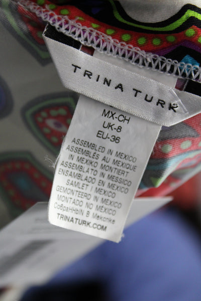 Trina Turk Women White Paisley Bohemian Tunic Blouse 3/4 Sleeve Size S