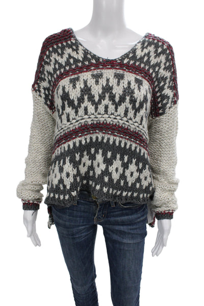 Free People Unisex Pullover Bohemian Fair Isle V Neck Beige Long Sleeve Size M